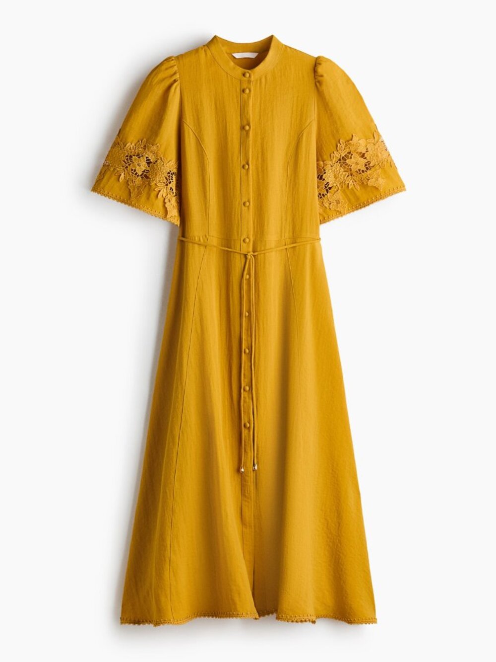 H&M Dark Mustard Crinkled Dress with Eyelet Embroidery
